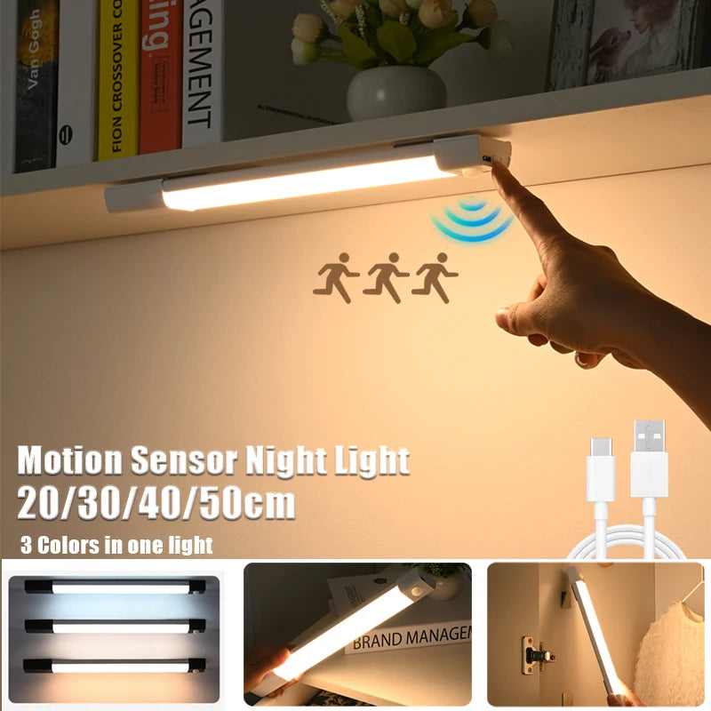 Luz de led 3-em-1 luzes do armário sensor de movimento luz noturna regulável usb recarregável lâmpada sem fio para cozinha guarda-roupa escada