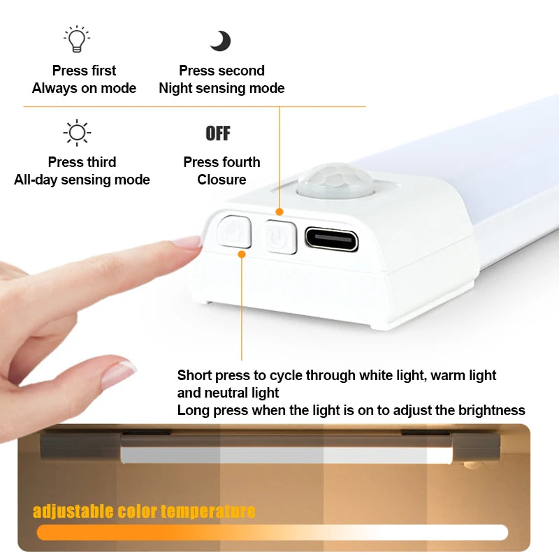 Luz de led 3-em-1 luzes do armário sensor de movimento luz noturna regulável usb recarregável lâmpada sem fio para cozinha guarda-roupa escada