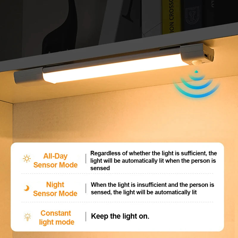 Luz de led 3-em-1 luzes do armário sensor de movimento luz noturna regulável usb recarregável lâmpada sem fio para cozinha guarda-roupa escada